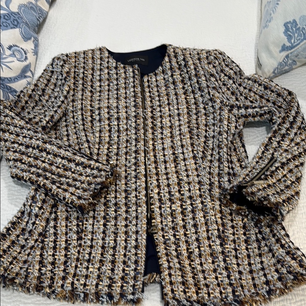 Lafayette 148 NY zip Tweed Jacket. light blue,dark blue, gold, cream & black.